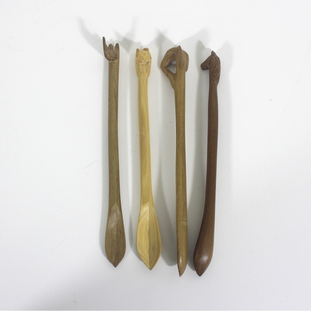 Vintage Set of Carved Safari Animal Wood Condiment or Sugar Spoons, Set of Four